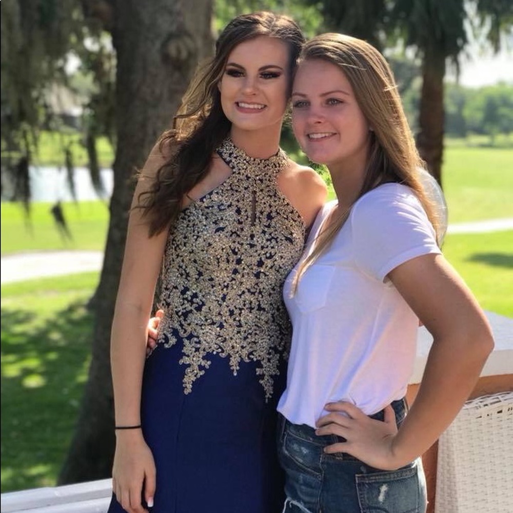 navy blue/gold prom dress